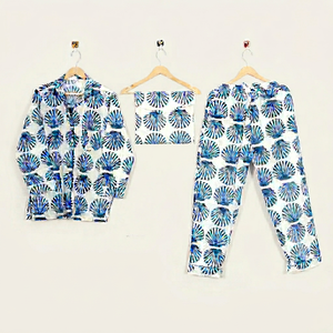 Women Pajama Set Long Sleeve Shirt Full Length <b>Pants</b> Blue Floral Print 100%Cotton Soft Elastic Waist Quick-Dry Casual Summer - Product Image 1