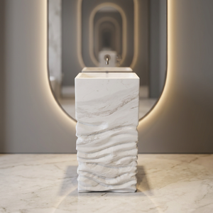 Lavabo sur piétement en marbre blanc avec finition sculptée effet vague d'eau, lavabo sur piétement en marbre Volakas avec base sculptée en vague 3D - Product Image 1
