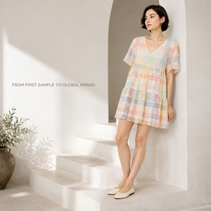 Vestido Mini Omens con Cuello en V, Manga Corta, Diseño a Cuadros Pastel, Corte en A y Ajuste Holgado para Colecciones de Moda Boutique - Product Image 2