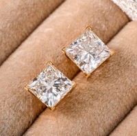 Серьги-пусеты с выращенными в лаборатории бриллиантами 2CTW, 14K цельное золото, с винтовой застежкой, сертифицированные IGI, с бриллиантом огранки «Принцесса» в оправе с четырьмя крапанами