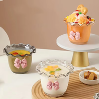 Ensemble de vaisselle en verre transparent sans plomb, motif floral, avec tasses et bols à dessert pour crème glacée, style mignon, pour fêtes, en gros