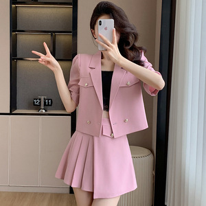 Women's Pink Blazer Suit Set With Skirt Solid Color Polyester Satin Casual Office Look - Product Image 3