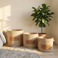 Panier à linge en papier tissé circulaire personnalisé avec logo, poignée en cuir PU durable, écologique, moderne et simple pour le rangement domestique