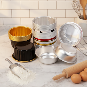 Moules à pâtisserie jetables en aluminium noir et or de 125 ml/4,4 oz, ronds, mini contenants en aluminium pour pudding et gâteaux - Product Image 1