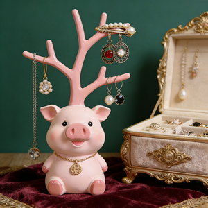 Espositore per Gioielli in Resina a Forma di Maialino Rosa con Corna - Design Animale Affascinante, Organizzatore Decorativo per Orecchini, Collane e Esposizioni da Toeletta - Product Image 3