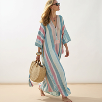 Robe maxi kaftan rayée à col en V, sans manches, coupe ample, 100% coton, en mousseline de soie respirante, pour la plage en été