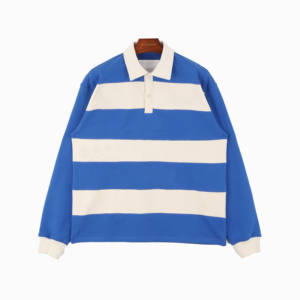 Camiseta Polo extragrande de manga larga azul con botones y patrón de rayas de algodón 100% - Product Image 1