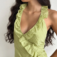 Robe Courte Femme Vert Citron à Volants et Col en V, Imprimé Numérique, Anti-Plis, Idéale pour les Sorties Décontractées – Collection Wisrise Fashion