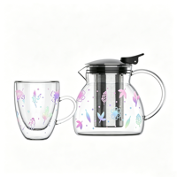 Ensemble théière moderne en verre transparent avec tasses à double paroi anti-brûlure, compatible cuisinière, en borosilicate, pour la préparation du thé