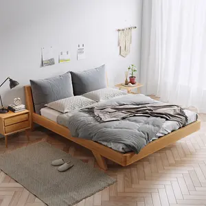 Basit ev mobilyaları yatak odası yumuşak sünger kumaş başlık ahşap yatak Modern