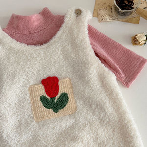 Conjunto de monos de felpa suave para niñas pequeñas con blusa rosa, 2 piezas de mono de invierno (ropa para niños pequeños) - Product Image 2