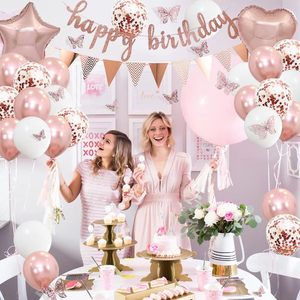 Elegante juego de decoraciones para fiesta de cumpleaños de oro rosa con mariposas 3D cartel de <span class=keywords><strong>feliz</strong></span> cumpleaños globos y centros de mesa - Product Image 6
