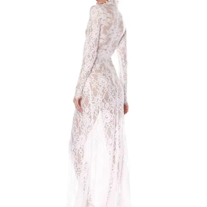 MF Mujer Elegante A-Line Empire Cintura Vintage Noche Blanco Hueco Largo Vestido de mañana Sin espalda Sexy Encaje Liso Teñido Bordado - Product Image 4