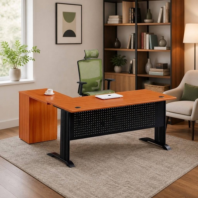 L-Shaped Computer Desk with Expandable Metal Frame, Modern Corner Home Office Table with Wooden Surface, Adjustable Workstation