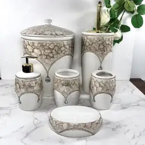 Best selling Luxury marble ceramic 6pcs bathroom accessories set for home decoration tooth brush holders