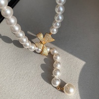 Collar de perlas redondas para mujer, joyería personalizada de alta calidad, de latón chapado en oro con diamantes y lazo positivo