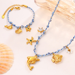 Ocean Theme Pendant Necklace And <b>Bracelet</b> <b>Set</b> Blue Rope Braided Starfish Dolphin Turtle Zinc Alloy Women's Jewelry Gift - Product Image 3
