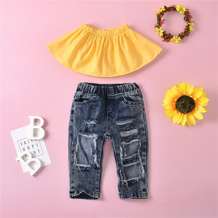 GHY100 Kids Baby Meisje Winter Kleding Solid Off Schouder Vest Tops Gescheurde Jeans Broek Peuter Meisje Mode Outfit