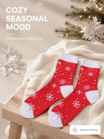 Chaussettes de Noël personnalisées OEM ODM en jacquard flocon de neige, chaussettes en tricot festives rouge et blanc contrastées pour coffrets cadeaux de fêtes