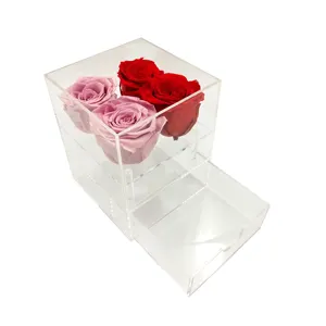 사용자 정의 광장 영원한 장미 선물 상자 현대 소설 디자인 투명 럭셔리 아크릴 장미 꽃 상자 서랍