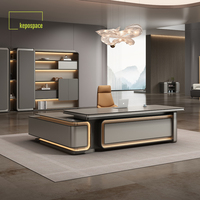 Bureau de direction moderne de haute qualité en forme de L, bureau de patron, bureau de direction de luxe en bois avec bandes LED