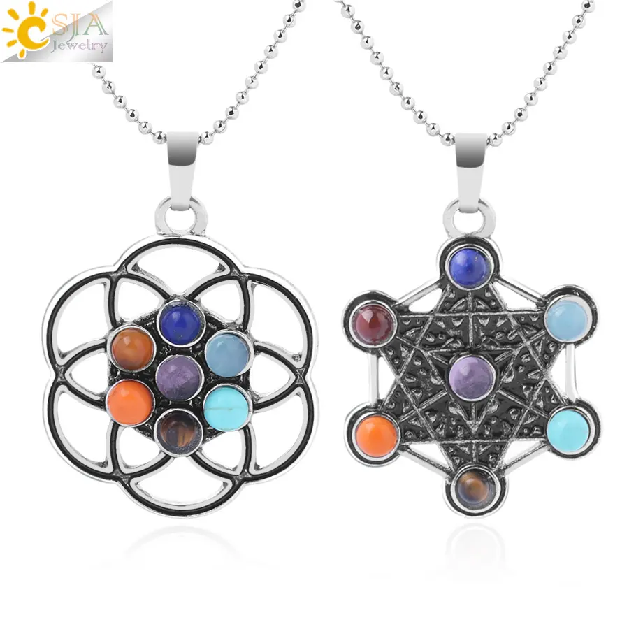 CSJA merkaba pendente della collana argento antico di colore 7 reiki chakra albero della vita pendenti di fascino in acciaio inox gioielli F767