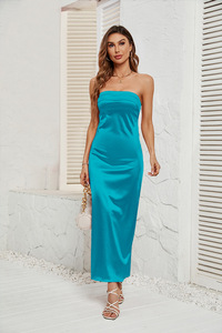 Robe maxi en satin ajustée, robe <span class=keywords><strong>tube</strong></span>, robe sans bretelles pour femmes, robe épaules dénudées, col en V, couleur unie, style vintage, tenue de vacances - Product Image 4