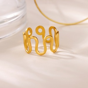 Stainless Steel 18K Gold Plated Design Sense Line Wave <b>Ring</b> Geometric Versatile <b>Open</b> Adjustable Finger <b>Ring</b> For Women - Product Image 3
