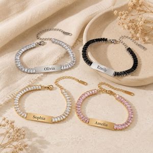 <b>Custom</b> Engraved <b>Name</b> Stainless Steel Bar Bracelet Ladder Square Full Paved Rhinestone Plate Personalized Engraving Jewelry - Product Image 3