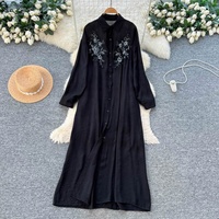 Robe longue élégante pour femme, style coréen, à manches longues, broderie florale rétro française, rouge, amincissante, pour l'automne