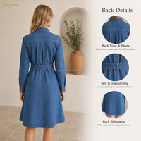 Robe Chemise Décontractée en Jean Uni Yegao pour Femme, Longueur Midi, Manches Longues, Ceinturée, Vêtement de Travail, Vente en Gros, Usine de Vêtements Chinoise OEM ODM