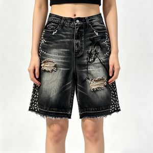 Shorts en jean décontractés taille haute skinny pour <span class=keywords><strong>femme</strong></span>, imprimé squelette, déchirés et effilochés, pour l'été - Product Image 1