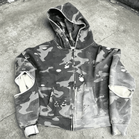 Ouna Clothing Manufacturer Custom Heavyweight Cotton Oversize Hoody Distressed Camouflage Camo Zip up Hoodie Unisex