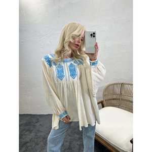 Camisa de Lino Bohemia Bordada para Mujer, Azul, Uso Diario, Transpirable, Manga Larga - Product Image 4