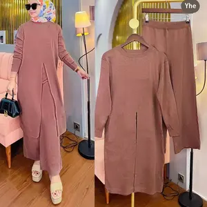 Plain Casual Großhandel 2 Pcs Set islamische Kleidung Hose mit weitem Bein Bescheidener muslimischer Pullover für Frauen