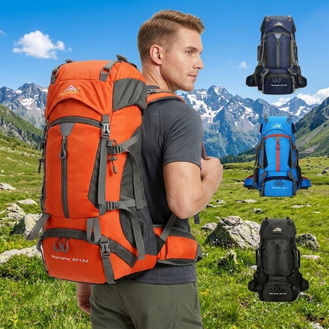 Laycell New Design logo Printed 60+5L 65L Waterproof Nylon Soft Shell Outdoor Travel Large Capacity Mountain Hiking Backpack