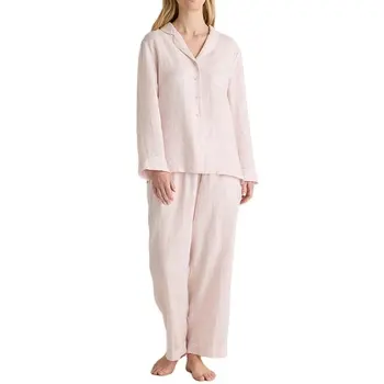 Custom Luxury Plus Size Pyjamas Women's Sleepwear Bridal Solid 2 Piece Pink 100% Pure Linen Pajamas Gown Set Women