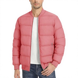 Men's <b>Pink</b> Puffer <b>Jacket</b> Stand Collar Zipper Casual Windproof Polyester Wadding Autumn Solid Color Regular Fit - Product Image 1