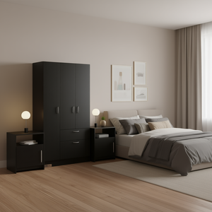 Set Camera da Letto Moderno Lubec Cartagena con Armadio e Due Comodini Omaha Neri, Mobili con Spazio di Archiviazione - Product Image 2