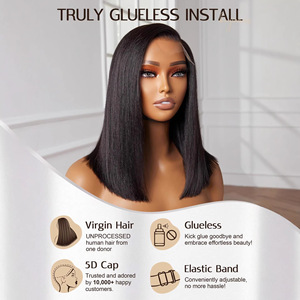 Perruque courte et droite en dentelle noire avec raie latérale pour femmes, tendance, convient à toutes les formes de visage - Product Image 4