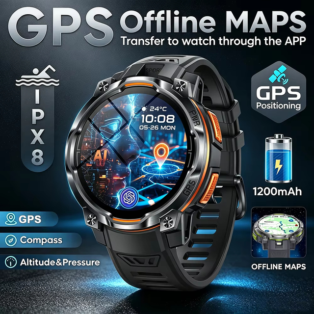 Professional GPS Sports Smartwatch Men 1200mAh Battery Compass Altitude Deep Waterproof BT Call GPT Assistant Watch KC108