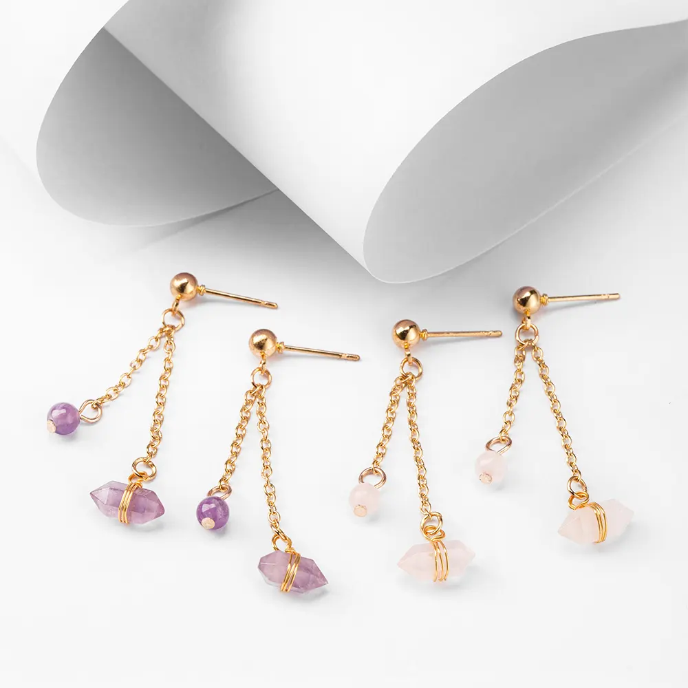 Natural Healing Crystal Mini Stone Point Earrings Amethyst Rose Quartz Reiki Charm Earrings Ear studs for Women Gift
