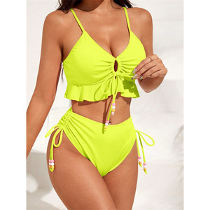 Traje de baño dividido a la moda para mujer, diseño de cintura alta, bikini conservador con detalles de cordón - Product Image 1