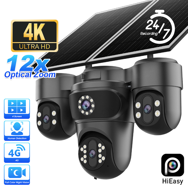 LS VISION 4K 4G 4-Lens 4-screen Solar Auto Tracking PTZ AI Human Detection Full Color Night Vision Outdoor Security Camera