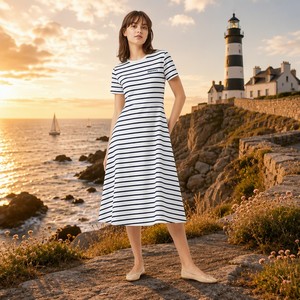 Abito Midi da Donna in Cotone Lavato 180GSM, Stile A-Line Svasato con Stampa a Righe <span class=keywords><strong>Breton</strong></span>, Classico Nautico Francese, Personalizzabile con Logo OEM - Product Image 4