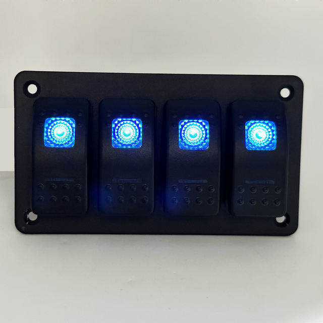 4 Way Waterproof Car Light Switching Panel 12V Blue LED Ship Switching Panel with USB Cigarette Lighting Connector Voltmeter