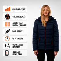 Veste matelassée chauffante pour femme avec double bouton, panneau de commande quadruple et poches zippées rouges pour un usage quotidien en hiver