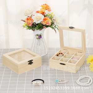 Caja de almacenamiento de joyas de madera con tapa de vidrio, organizador de escritorio con 9 compartimentos para exhibición y almacenamiento de joyas - Product Image 2