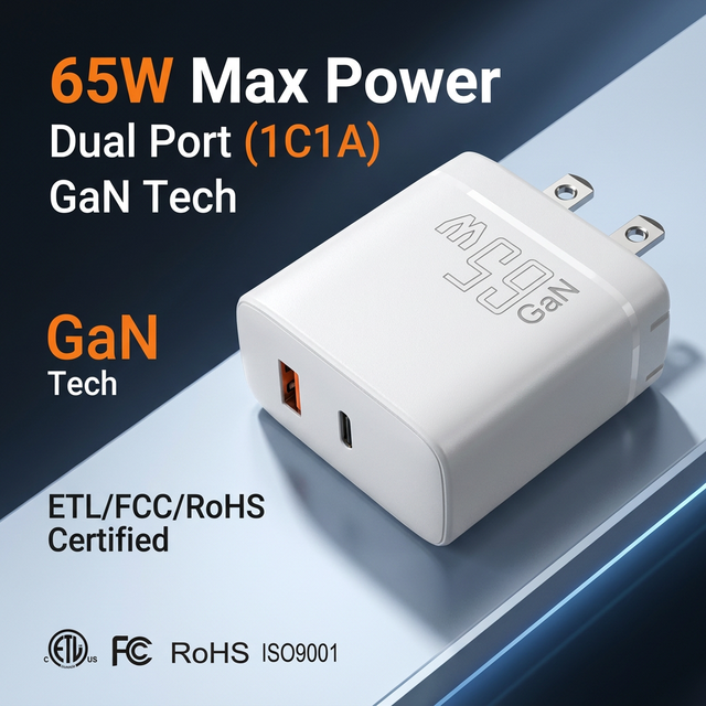 Shenzhen Lvxiangyuan 65W GaN PD 3.0 QC 3.0 USB Type-C Quick Charging Travel Wall Charger US Plug ETL FCC