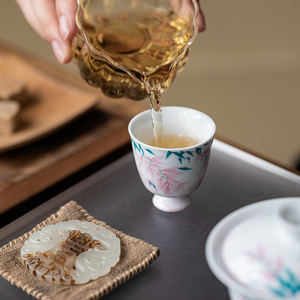 Hand Painted Wisteria Flower Mini <b>Teacup</b> Porcelain High Footed Single Cup Kung Fu Tea Tasting Cup - Product Image 3